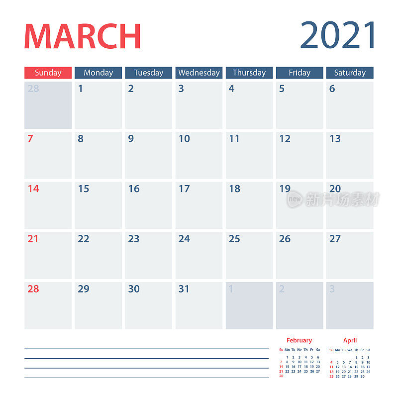 2021年3月日历规划师矢量模板。一周从周日开始