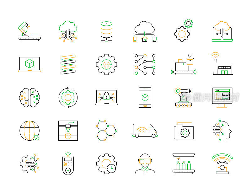 工业4.0相关线条图标。向量符号说明。