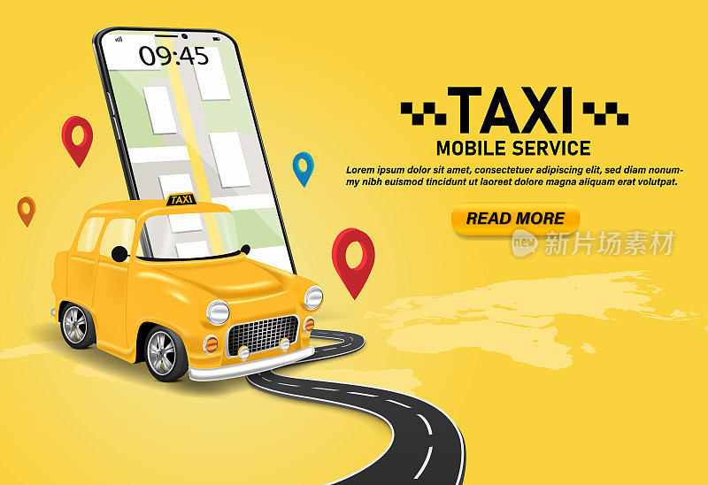 出租车服务。在线移动应用订购出租车服务说明。出租车服务手机app网站。黄色出租车插图。矢量出租车移动应用图标包括智能手机与黄色出租车。