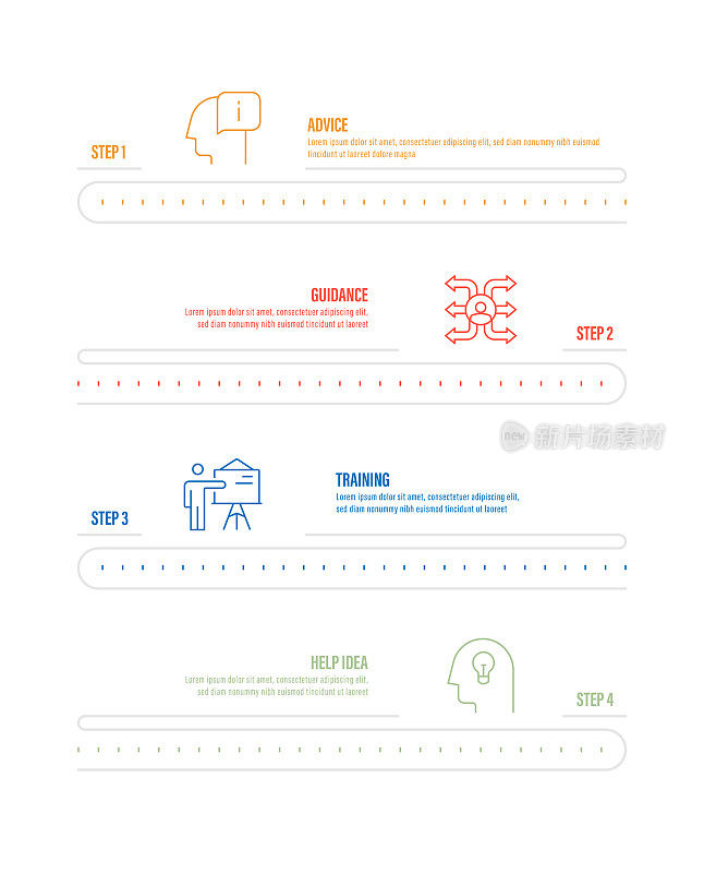 信息图表设计模板。建议，指导，培训，帮助想法图标与4个选项或步骤。