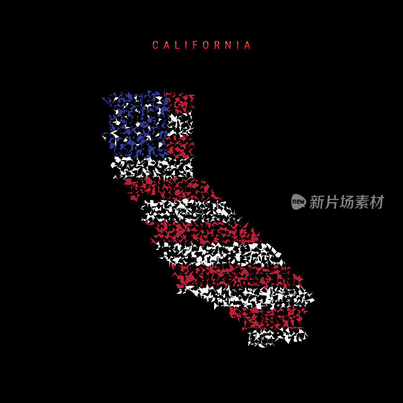 美国加州州旗图，混沌粒子图案中有美国国旗的颜色。矢量图