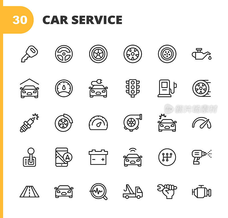 汽车服务和汽车修理店线图标。可编辑的中风。像素完美。移动和网络。包含如汽车事故，机修工，方向盘，轮胎，车轮，汽车油，车库，速度表，汽车镜，导航，电池等图标。