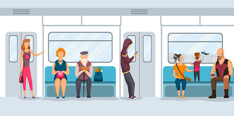 地铁地铁车厢内饰。公共交通上有城市地下地铁和公共交通的乘客。人们在地铁概念设计。不同群体的通勤者