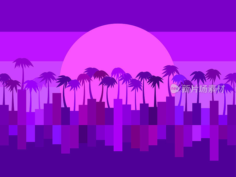棕榈树，虚拟现实景观。复古的未来主义80年代的背景与棕榈树和太阳。朋克风格。矢量图