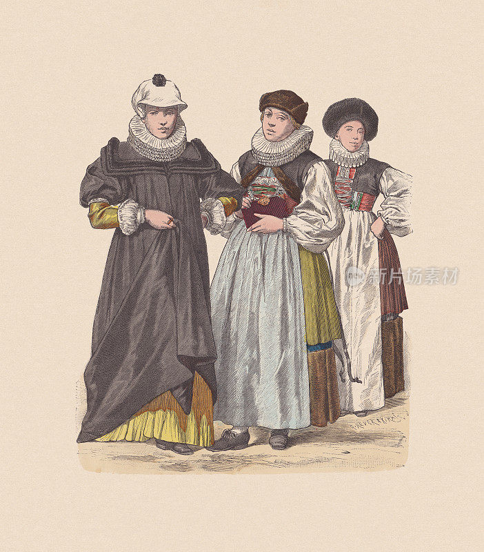 17世纪，法国瑞士服饰，手工着色木刻，大约于1880年出版