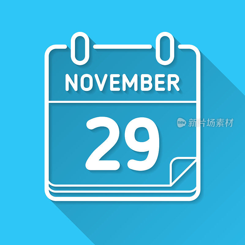 11月29日。蓝色背景上的图标-长阴影平面设计