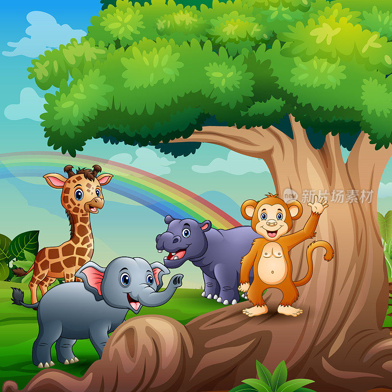 卡通五只动物在大树下玩耍