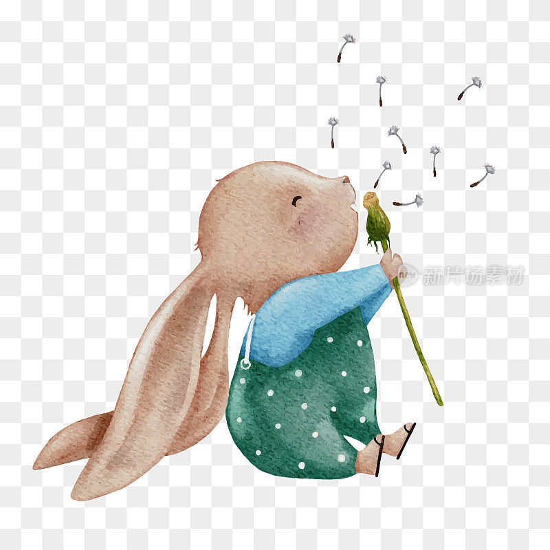 可爱的兔子吹蒲公英花水彩手绘，卡通手绘兔子角色元素复活节贺卡，春天，夏天海报，在透明的背景向量插图