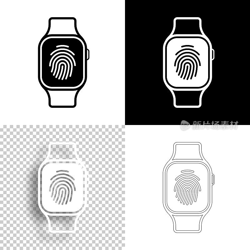 Smartwatch指纹。图标设计。空白，白色和黑色背景-线图标