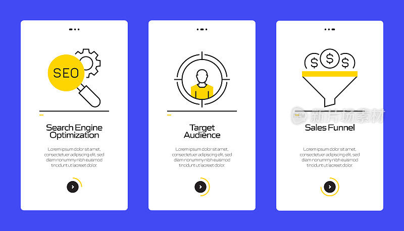 搜索引擎优化概念Onboarding移动应用程序页面屏幕与平面图标。UI设计模板矢量插图