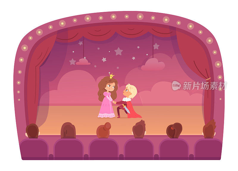 剧场舞台上有演员小朋友、王子公主小朋友、爱情剧表演表演
