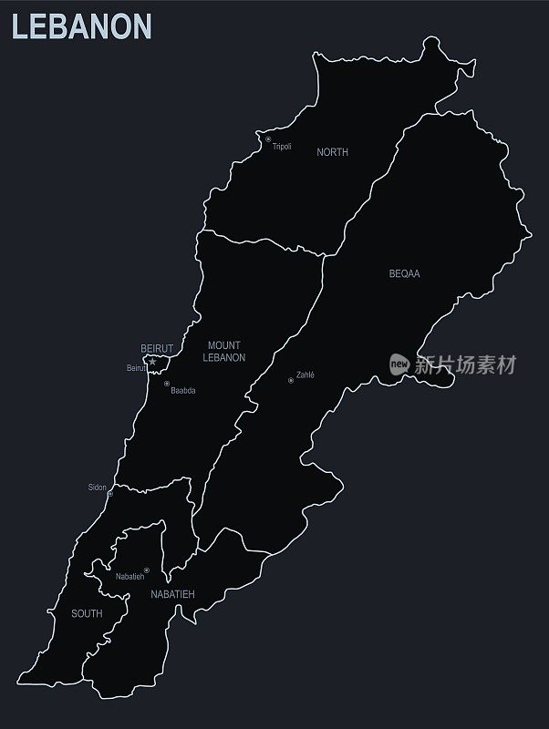 黎巴嫩的平面地图与城市和地区在一个黑色的背景