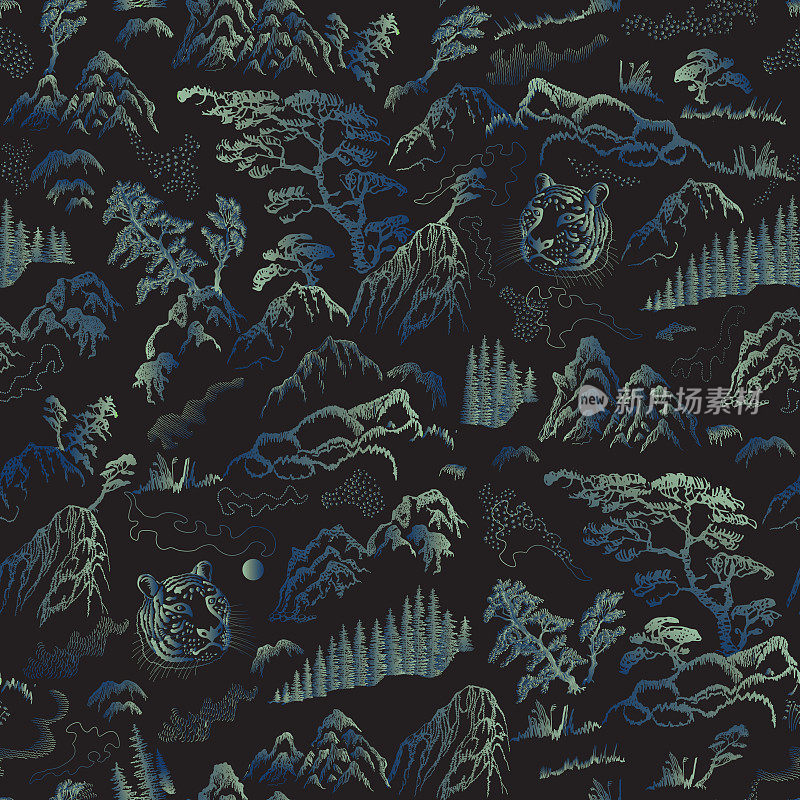 绿松石矢量无缝图案手绘草图在日本和中国自然水墨插画sumi-e的传统。蓝色的冷杉，绿色的松树，虎头，山，河，草药，岩石在黑色的背景