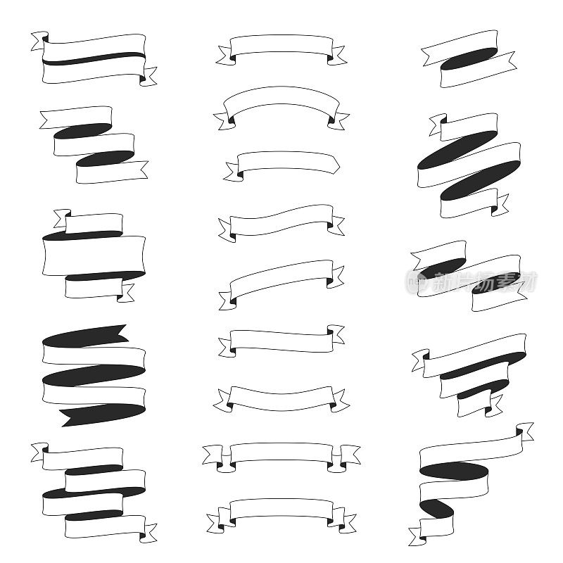 一套丝带，横幅(轮廓，线条艺术)-设计元素在白色的背景