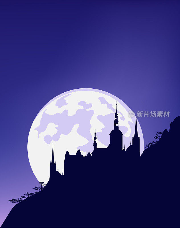 矢量夜景背景与童话城堡在山坡和满月