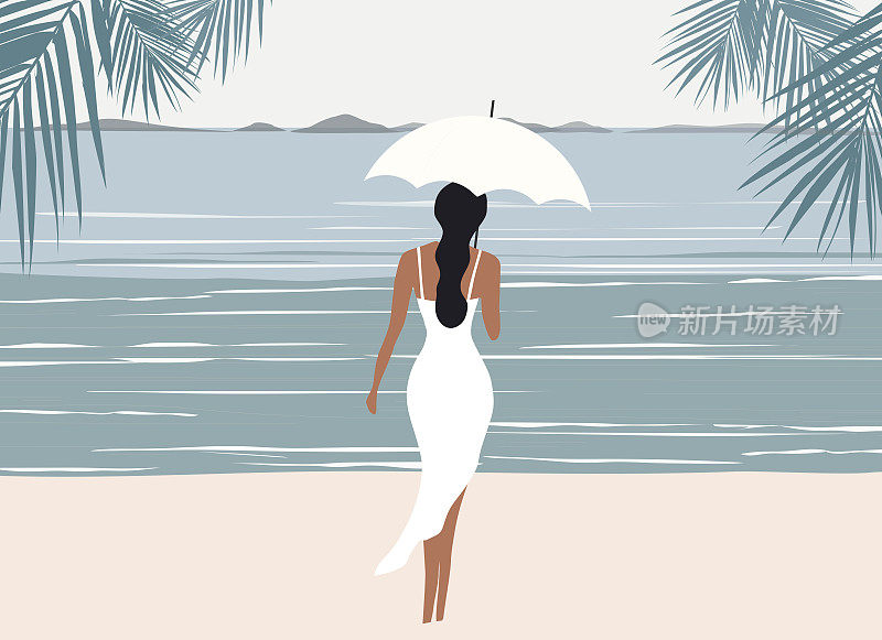 沙滩上一个打着伞的女人。雨、秋、孤独、抑郁概念背景