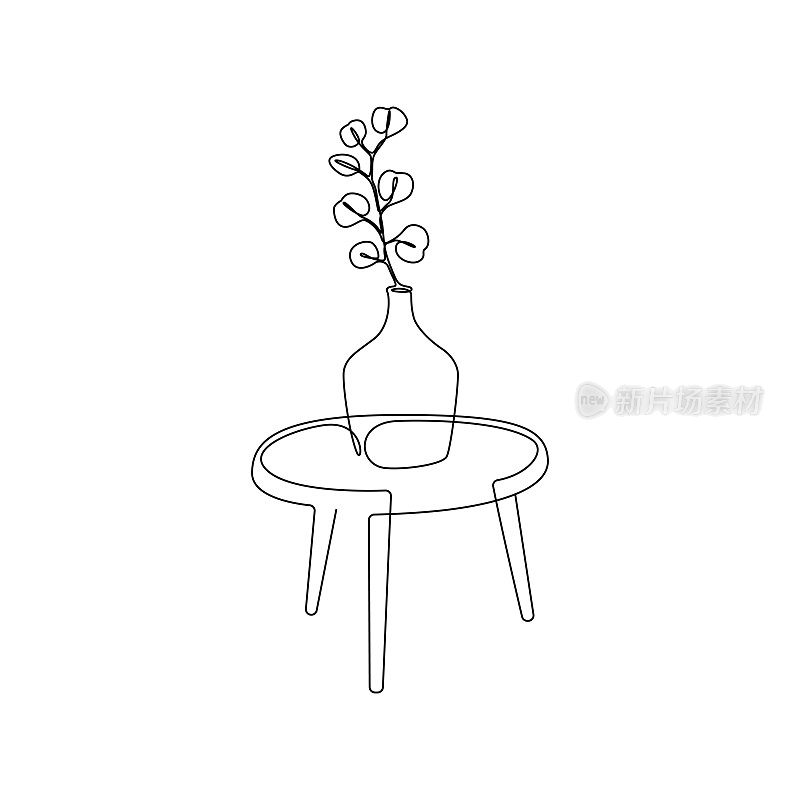 一幅连续的桉树画在桌子上的花瓶里。线性轮廓的室内植物，适合家居室内装饰时尚的阁楼风格轮廓轮廓。画矢量图