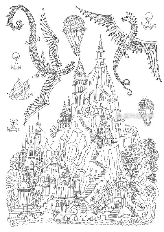山上的童话城堡，棕榈树，河流瀑布。飞龙和气球。成人涂色书页