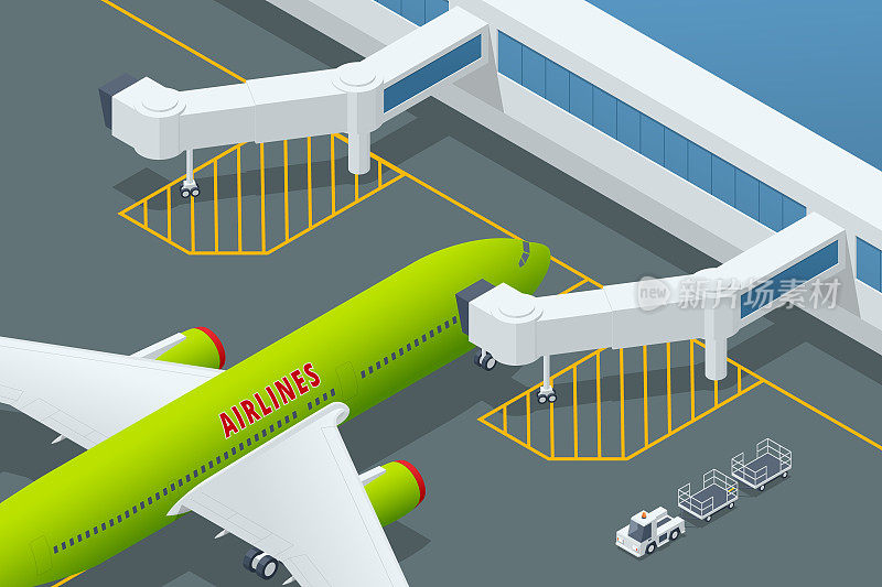 等距机场上空中客车飞机。乘机旅客。喷气桥机场可移动天桥
