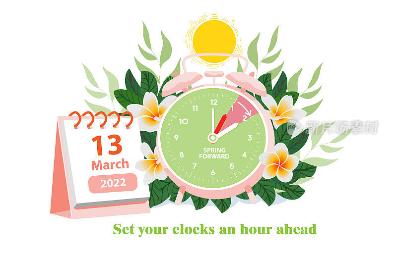夏时制从2022年3月13日开始概念。闹钟和日历日期