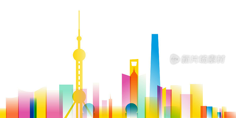 上海天际线多色，矢量插图