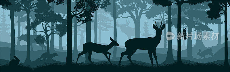向量森林林地背景纹理无缝模式与鹿，驼鹿，猫头鹰，狼，兔子和貂