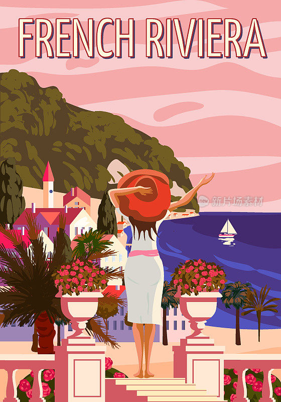 法国里维埃拉尼斯海岸的复古海报。女人在度假，度假村，海岸，大海，海滩。复古风格插图矢量