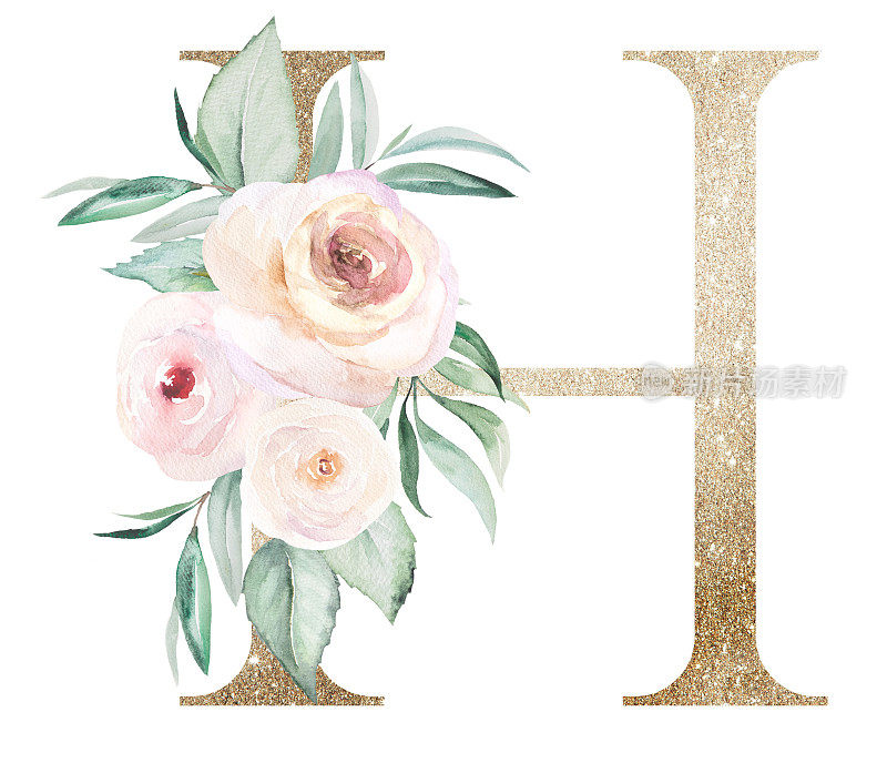淡金色字母H与水彩玫瑰和叶子。粉彩花卉字母表