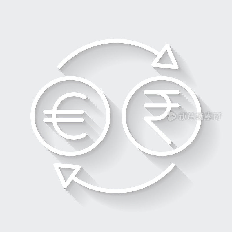 货币兑换-欧元印度卢比。图标与空白背景上的长阴影-平面设计