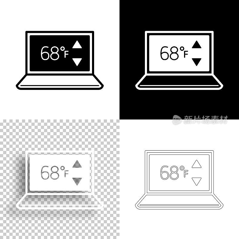 带加热控制的笔记本电脑。图标设计。空白，白色和黑色背景-线图标