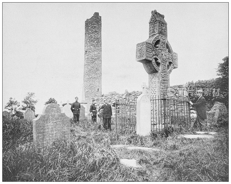 爱尔兰的古董照片:凯尔特十字，修道院，劳斯郡