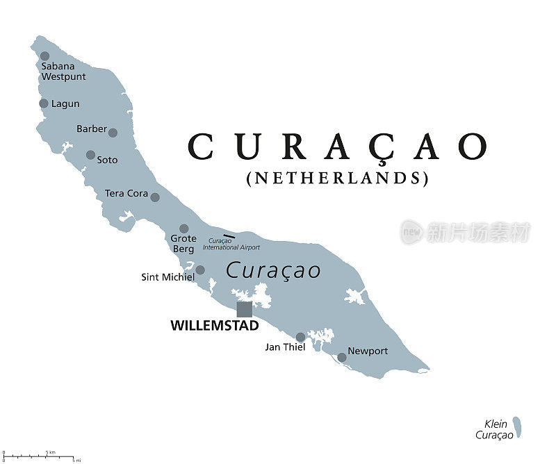 库拉索岛，灰色的政治地图，背风安的列斯群岛的加勒比海岛屿