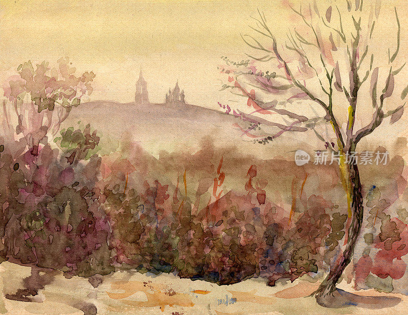 画水彩风景。Рanoramic从山上俯瞰切尔尼hiv市的古修道院