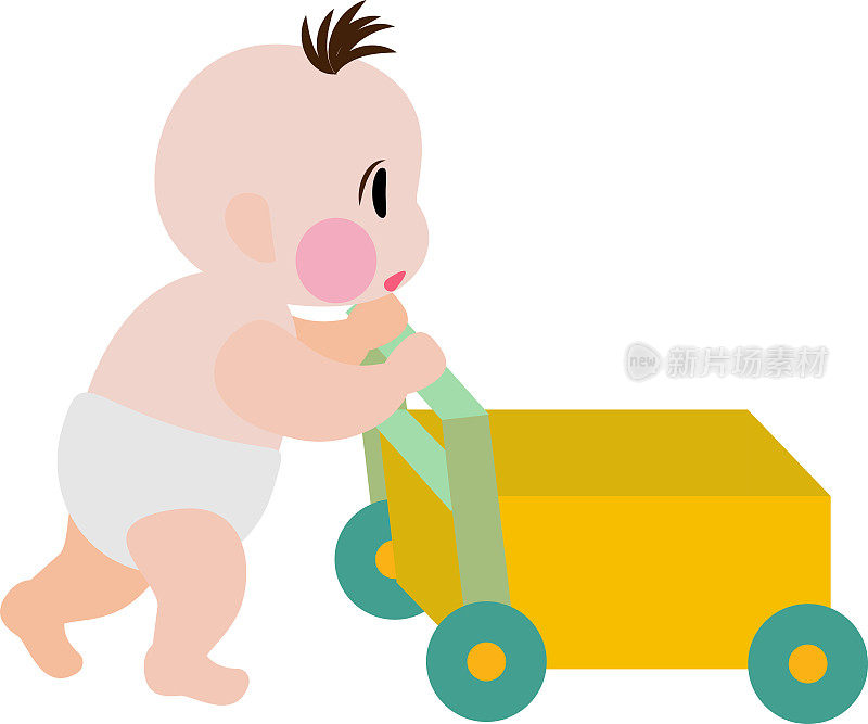 卡通宝宝新生儿推手推车，推车。宝宝正在学习如何向前推进。婴儿成长阶段。可爱的婴儿从新生儿学习蹒跚学步。新生学习短语。向量,插图,EPS10