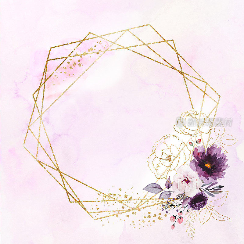 几何金色框架与水彩紫色和金色牡丹花朵插图