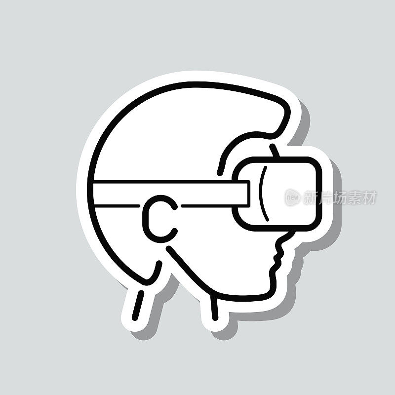 带VR头盔的人-虚拟现实。图标贴纸在灰色背景