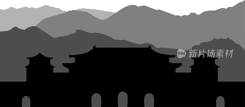 黑白景观与山和北京宫殿，矢量文件，剪影。