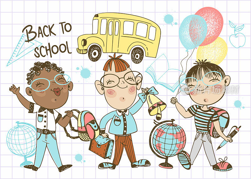 可爱的男孩学童带着气球和公文包去上学。回到学校。校车。向量