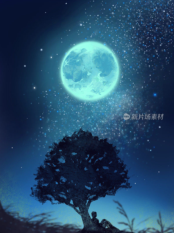 在美丽的星空下，长满树木的神秘色彩插图
