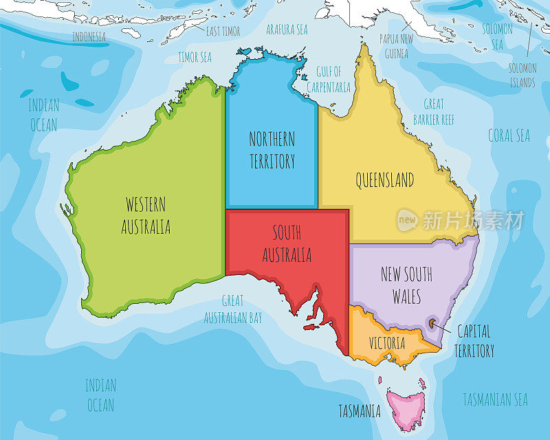 矢量图解澳大利亚地图，包括区域和行政区划，以及邻近国家和领土。可编辑和明确标记层。