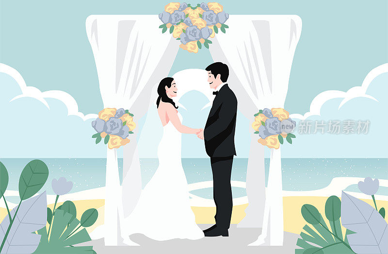 彩色沙滩婚礼当天新娘和新郎夫妇结婚典礼矢量插图