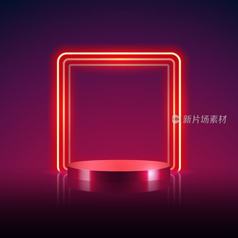 圆柱形平台与抽象的红方霓虹灯框架