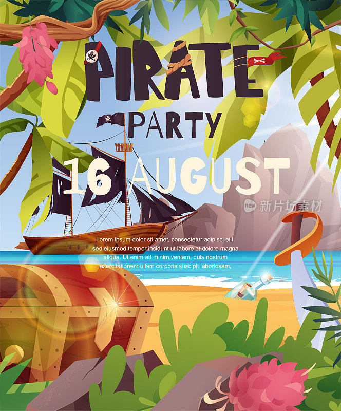海盗派对邀请海报。挥舞着黑旗的海盗船在海上航行。卡通矢量插图。