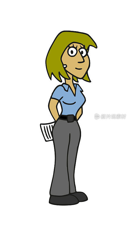 可爱的站着的女性角色穿着工作服，她的手放在背上，拿着一张纸。卡通风格矢量插图。