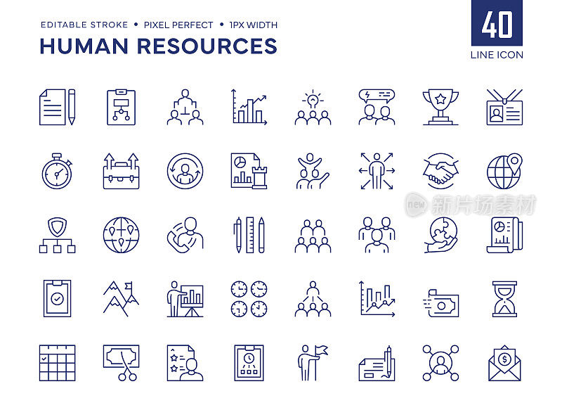 人力资源行图标集包含工作流、层级、头脑风暴、职业、生产力、领导力、握手等图标。