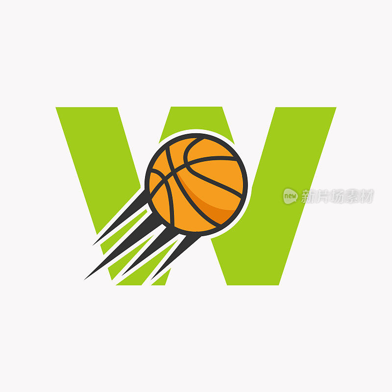 首字母W篮球标志概念与移动篮球图标。篮球标志符号向量模板