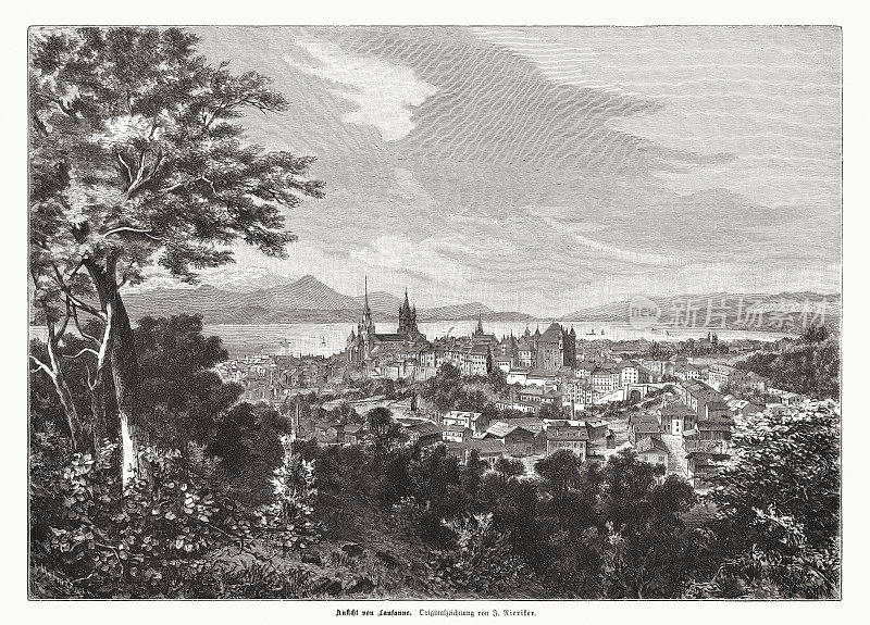 瑞士洛桑历史图，木版画，1885年出版