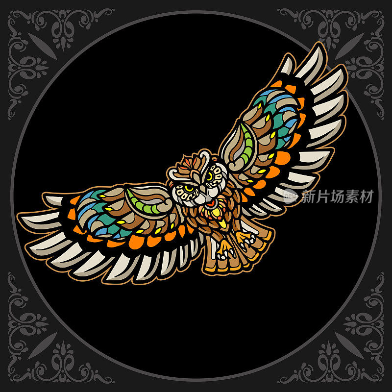 彩色猫头鹰鸟曼荼罗艺术孤立在黑色背景
