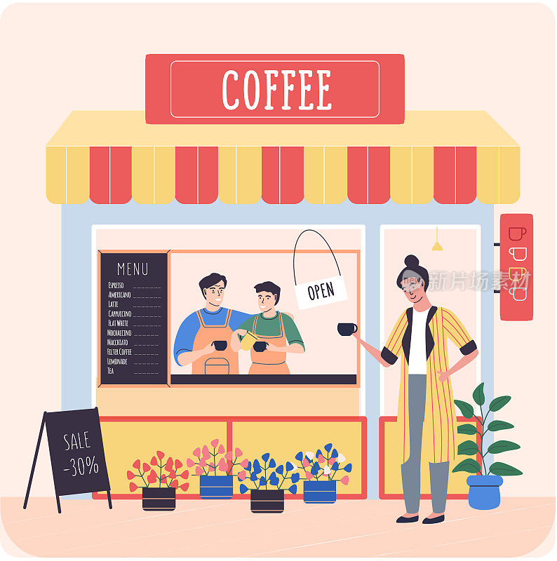 街边的小咖啡馆有条纹遮阳篷，男咖啡师用外卖纸杯出售咖啡