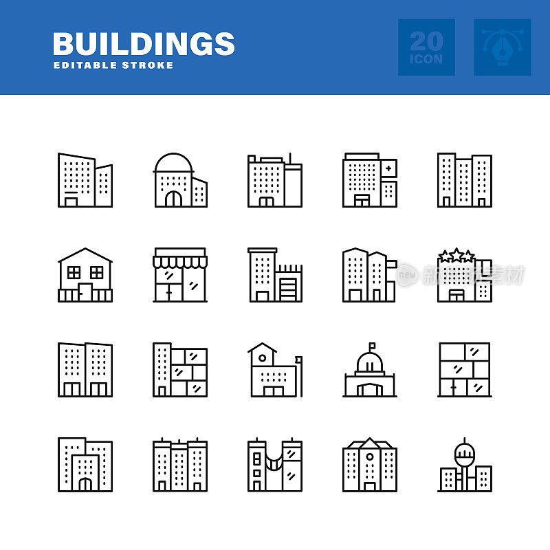 建筑物线图标集。可编辑的中风。像素完美。